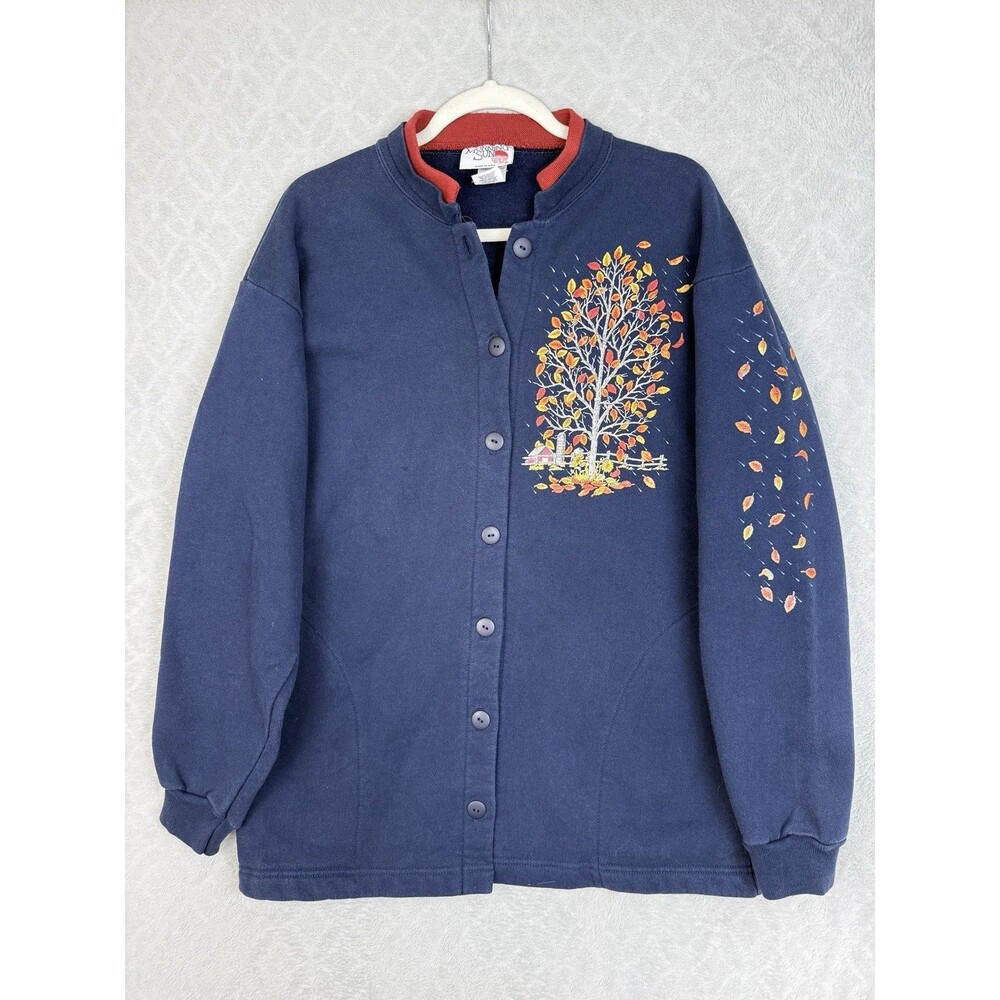 Vtg 90s Morning Sun Sweatshirt Jacket Women Large Fall Leaves Autumn Grandmacore